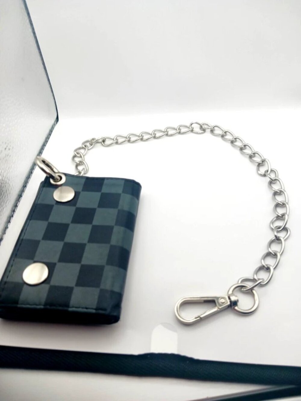 Skater Tri Fold Black + Gray Check Vegan Leather Wallet with Chain-Black + Gray